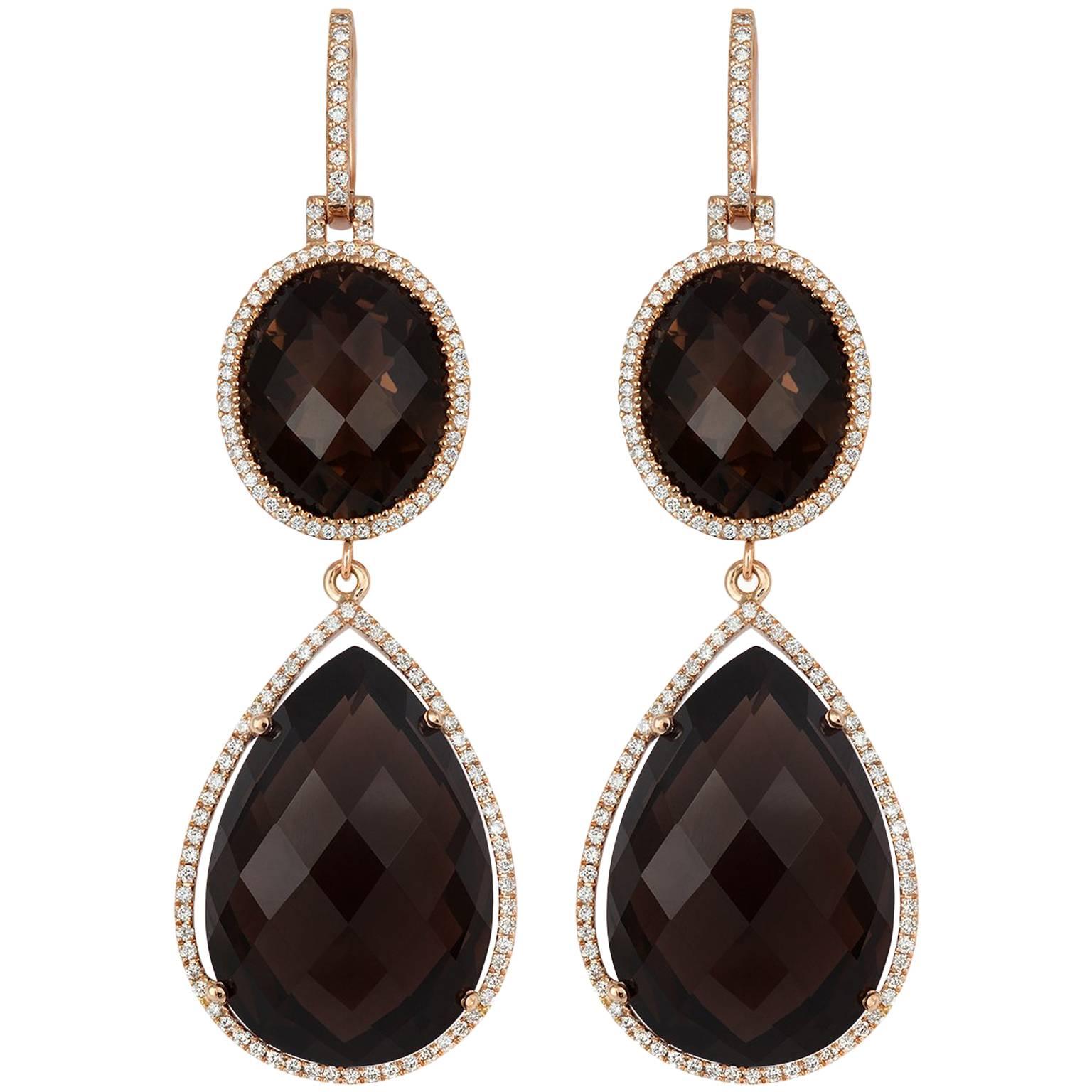 18ct Rose Gold long hanging checkerboard cut Smokey Quartz & Diamond Earrings For Sale