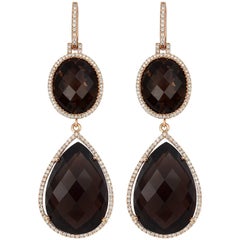 18ct Rose Gold long hanging checkerboard cut Smokey Quartz & Diamond Earrings