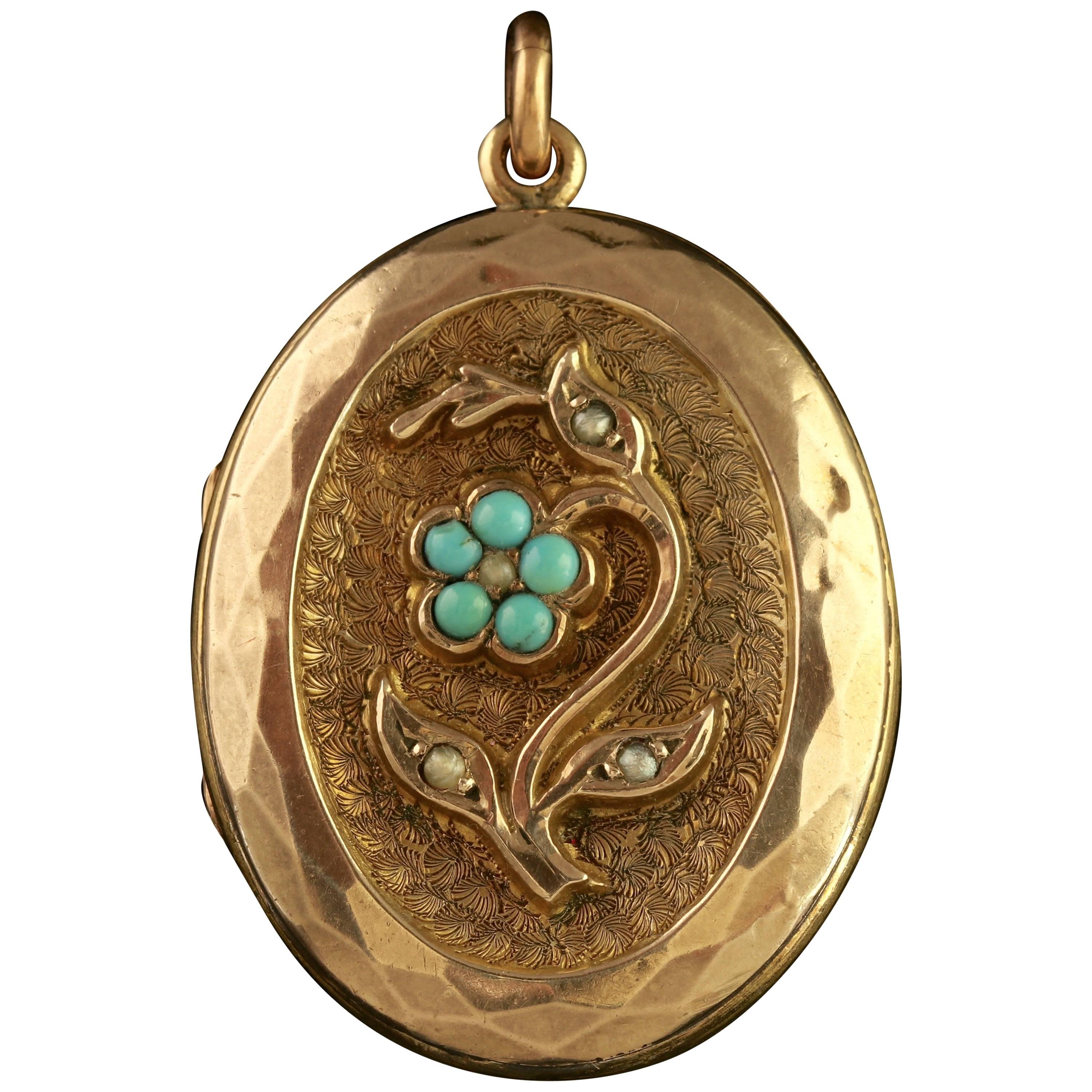 Antique Victorian Turquoise Pearl Forget Me Not Locket, circa 1880