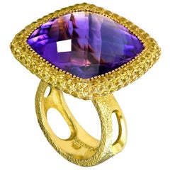 Amethyst Sapphire Yellow Gold Textured Cocktail Ring One of a Kind