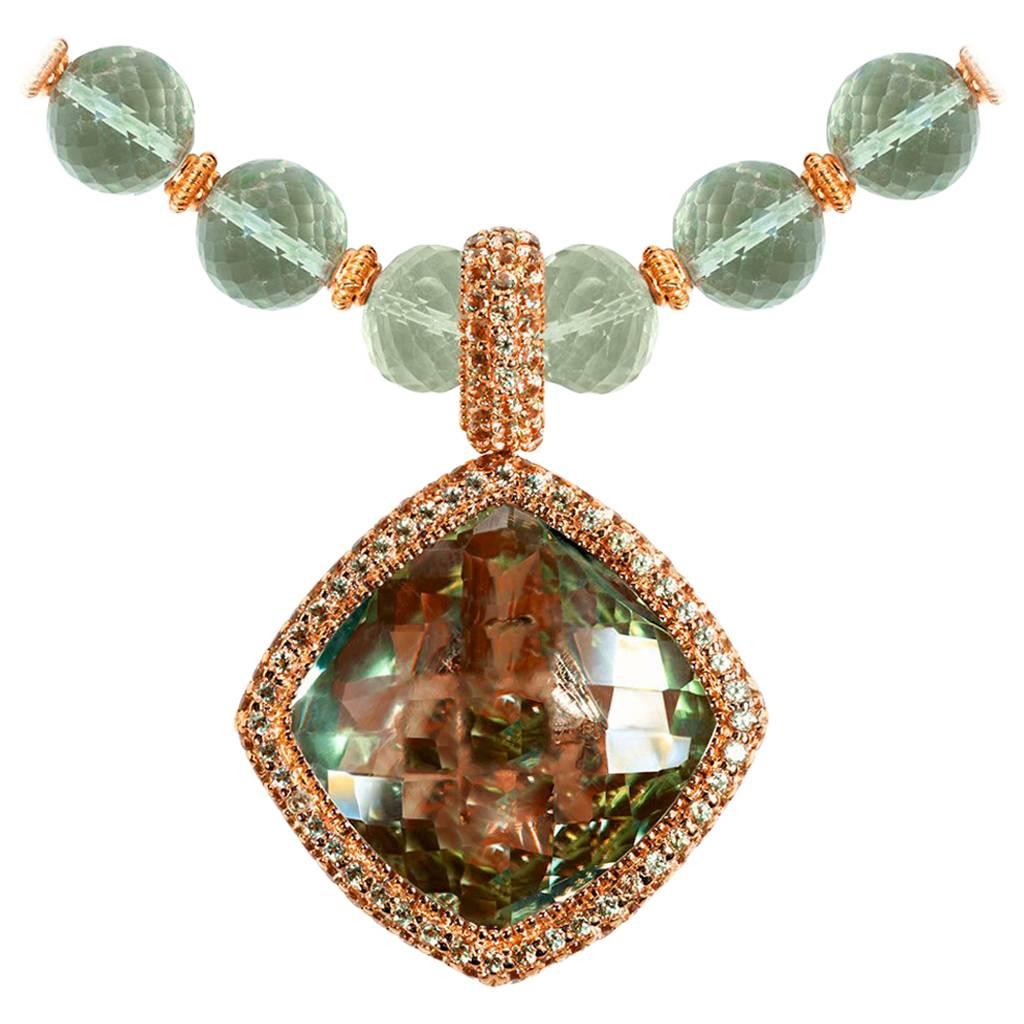 Green Amethyst Peridot Rose Gold Necklace Pendant One of a Kind