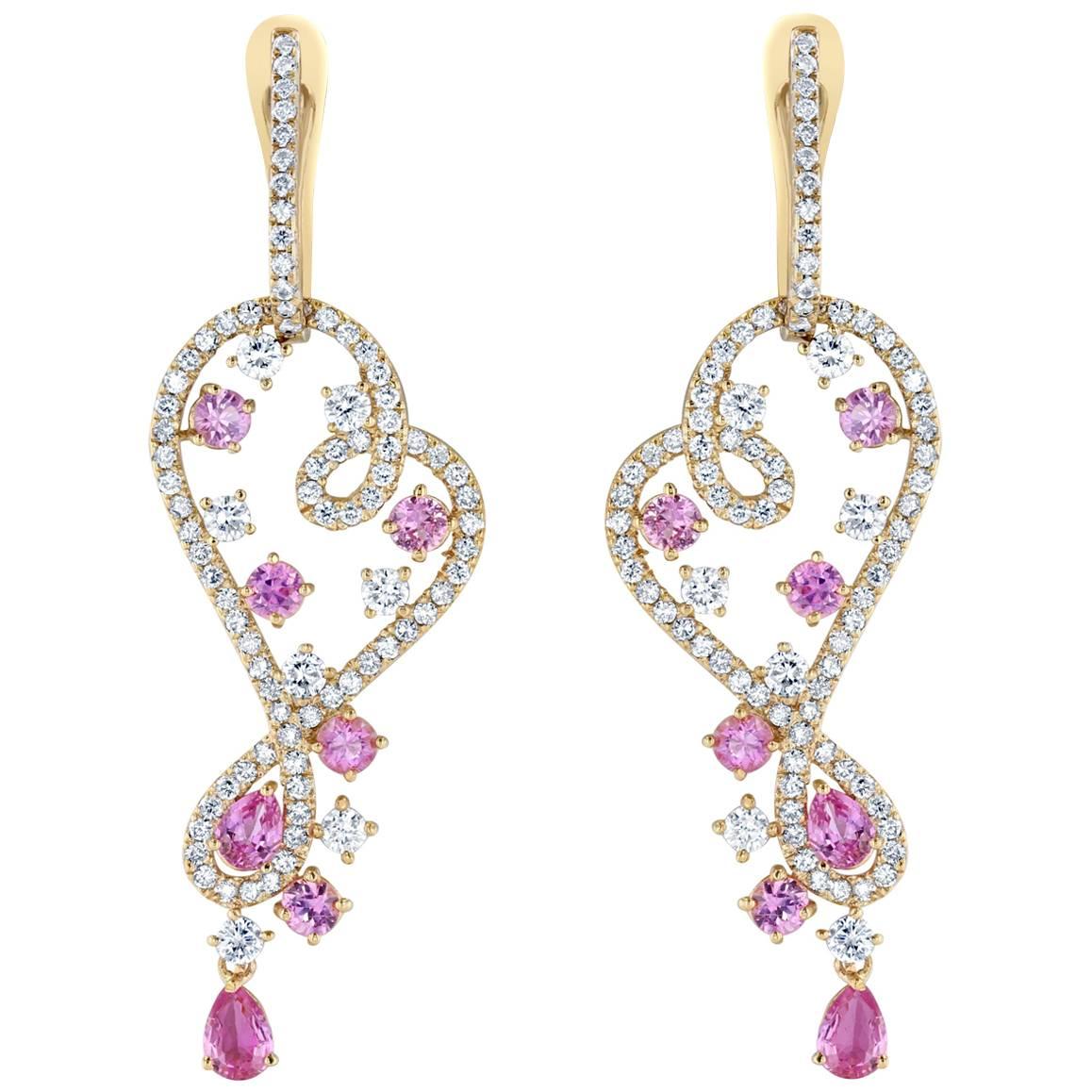 6.51 Carat Pink Sapphire Diamond Dangling Earrings