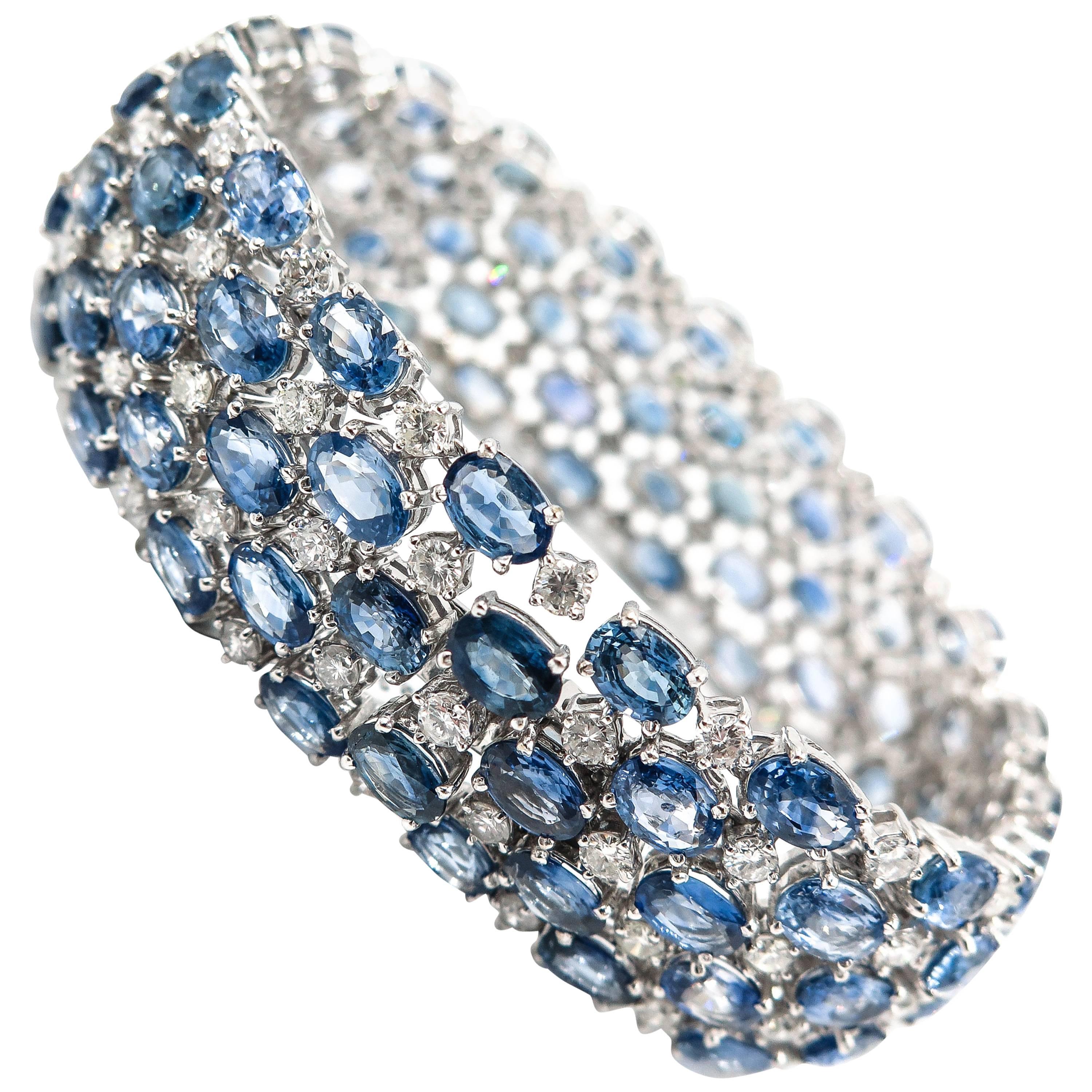 Oval Sapphire and Diamond Wide White Gold Bracelet