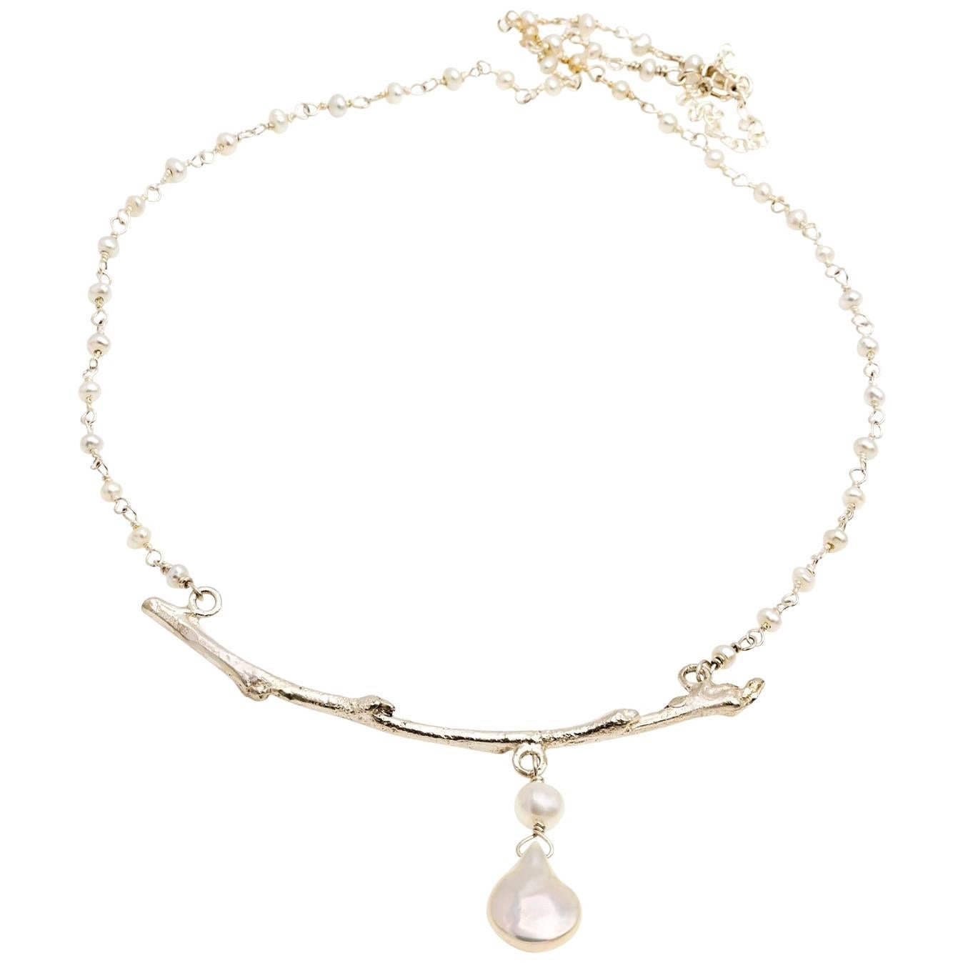 Silver Nature Branch and Pearl Necklace