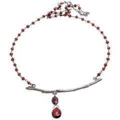 Dark Silver Branch and Garnet Bead and Drop Necklace