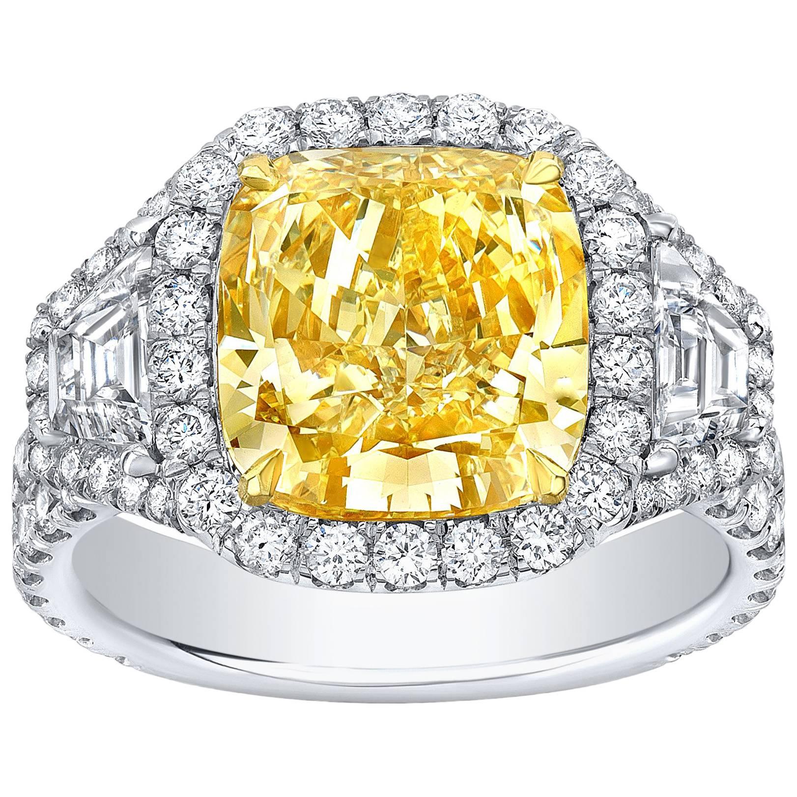 GIA Certified 4.62 Carat Fancy Yellow VS1 Cushion Canary Diamond Ring