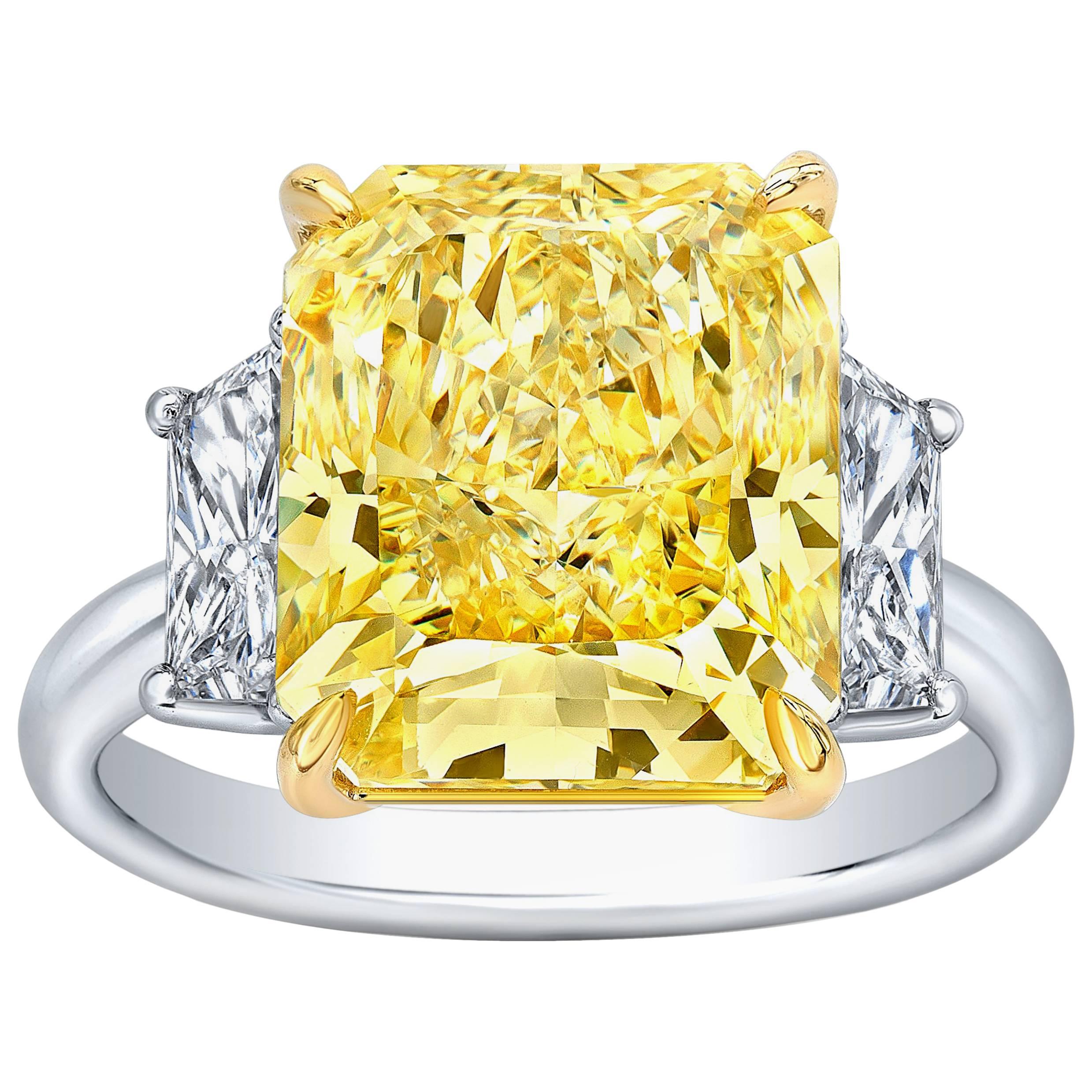 GIA Certified 7.89 Carat Fancy Yellow Radiant Cut Canary Diamond Ring
