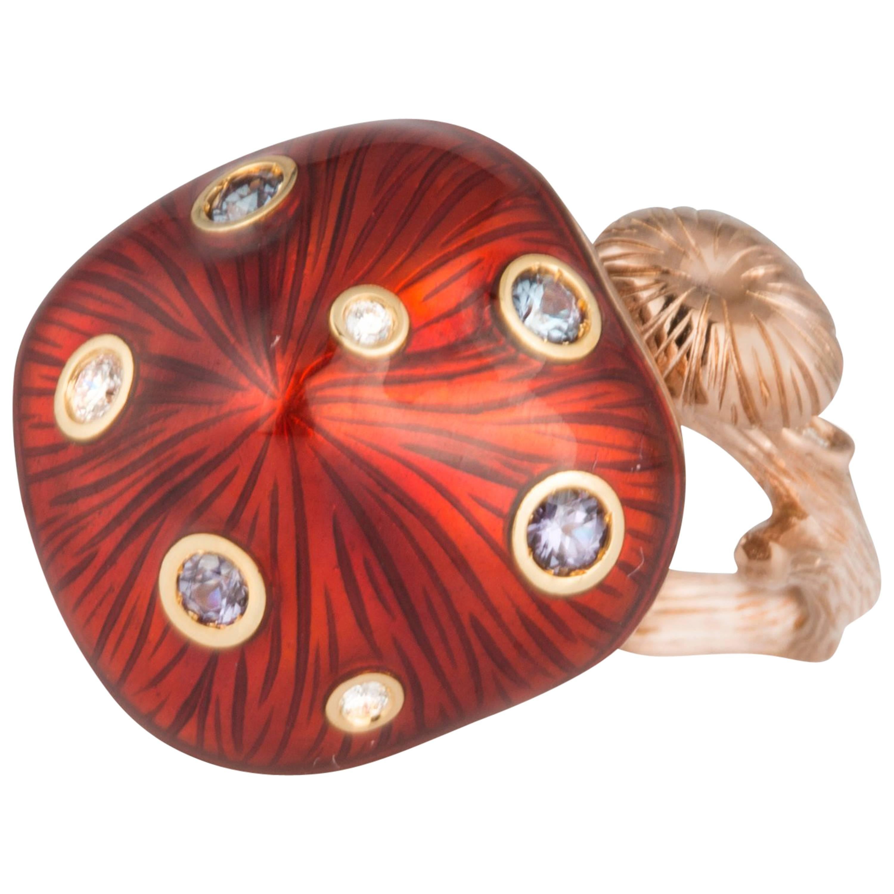 18 Karat Gold Red Enamel with Color Change Garnet and Diamond Mushroom Ring For Sale