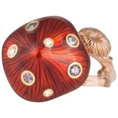 18 Karat Gold Red Enamel with Color Change Garnet and Diamond Mushroom Ring