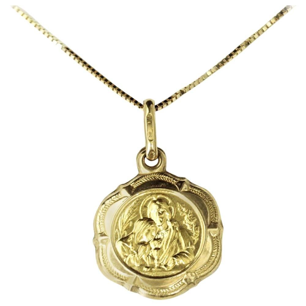New, Petite and Elegant, 18 Carat Yellow Gold Communion Medal and Chain For Sale