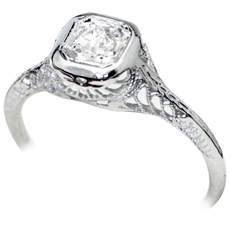 Old European Cut G VS Diamond White Gold Filigree Engagement Ring For Sale