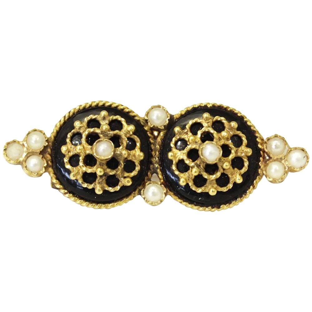 Antique Original Handmade 14 Carat Gold Onyx and Seed Pearl Brooch For Sale