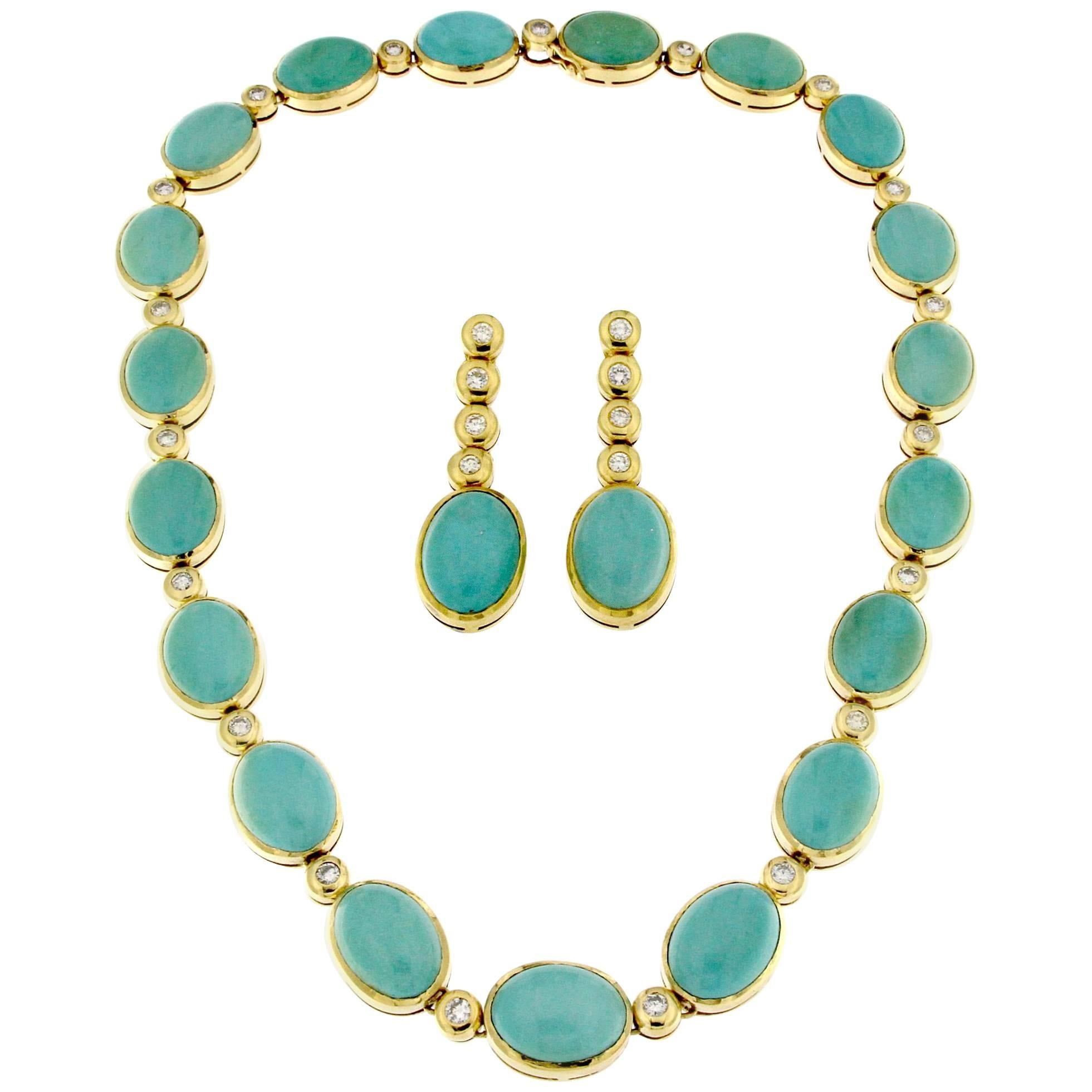 Turquoise Set in 18 Karat Yellow Gold and White Diamonds