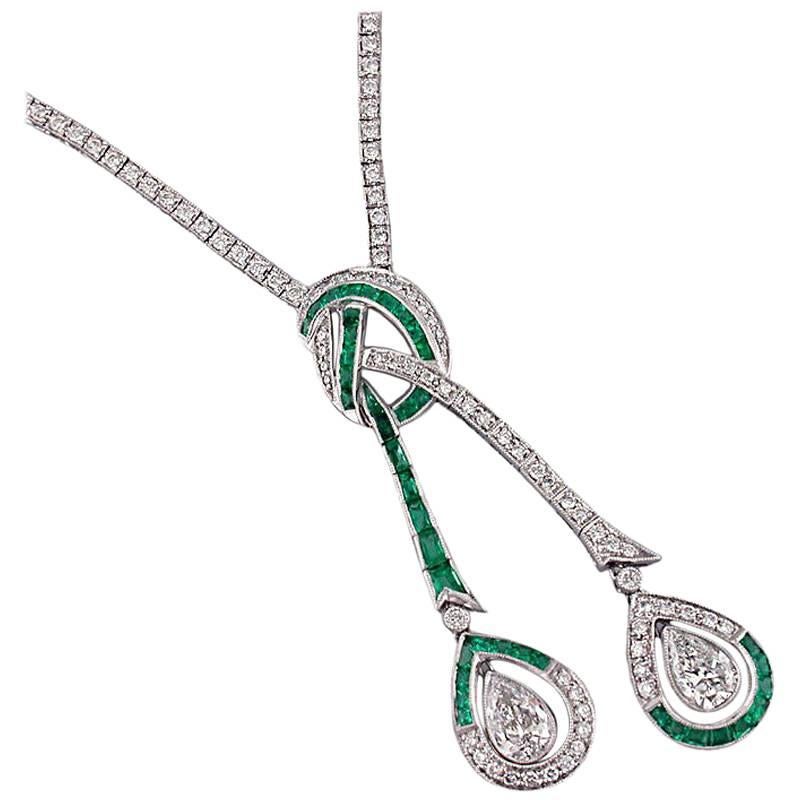 Shreve, Crump & Low Exquisite Diamond and Emerald Drop Necklace For Sale