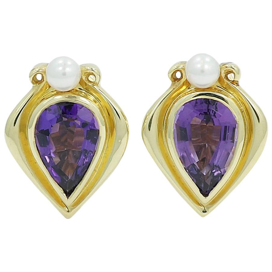 Pear Shaped Amethyst and Pear Yellow Gold Earrings For Sale