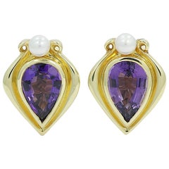 Pear Shaped Amethyst and Pear Yellow Gold Earrings