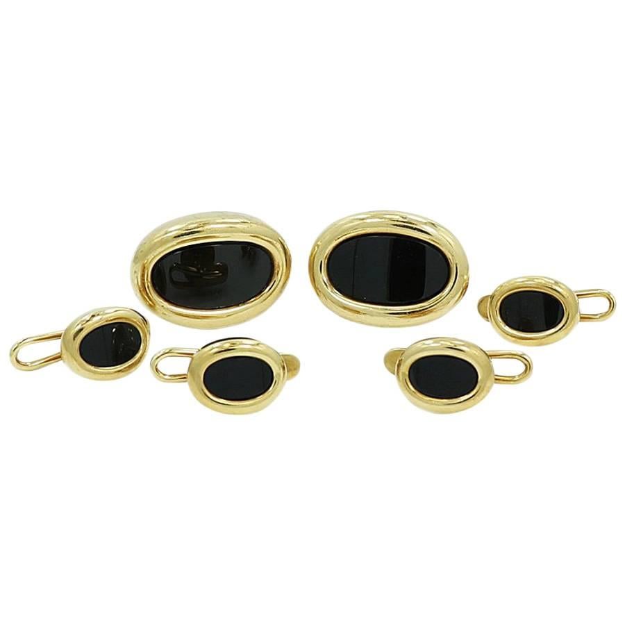 Black Onyx and Yellow Gold Cufflinks and Shirt Stud Set For Sale