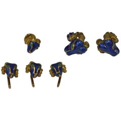 David Webb Yellow Gold Blue Enamel Ram Head Cufflink Set