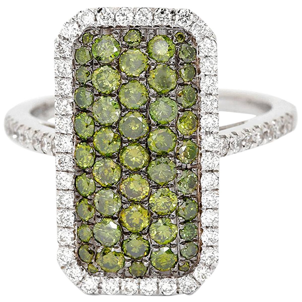 Green Pave Diamond Ring with White Diamond Halo