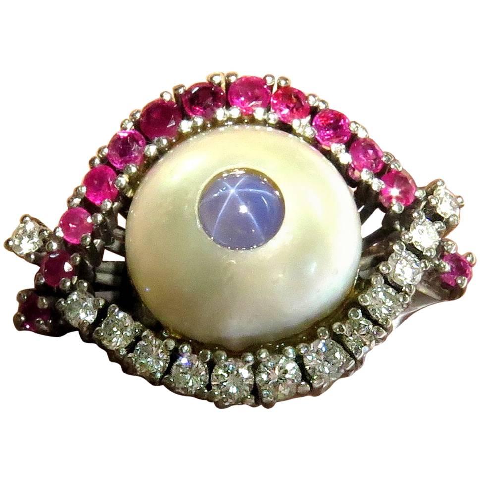 Unique Star Sapphire Diamond Ruby Mobe Pearl White Gold Eye Ring