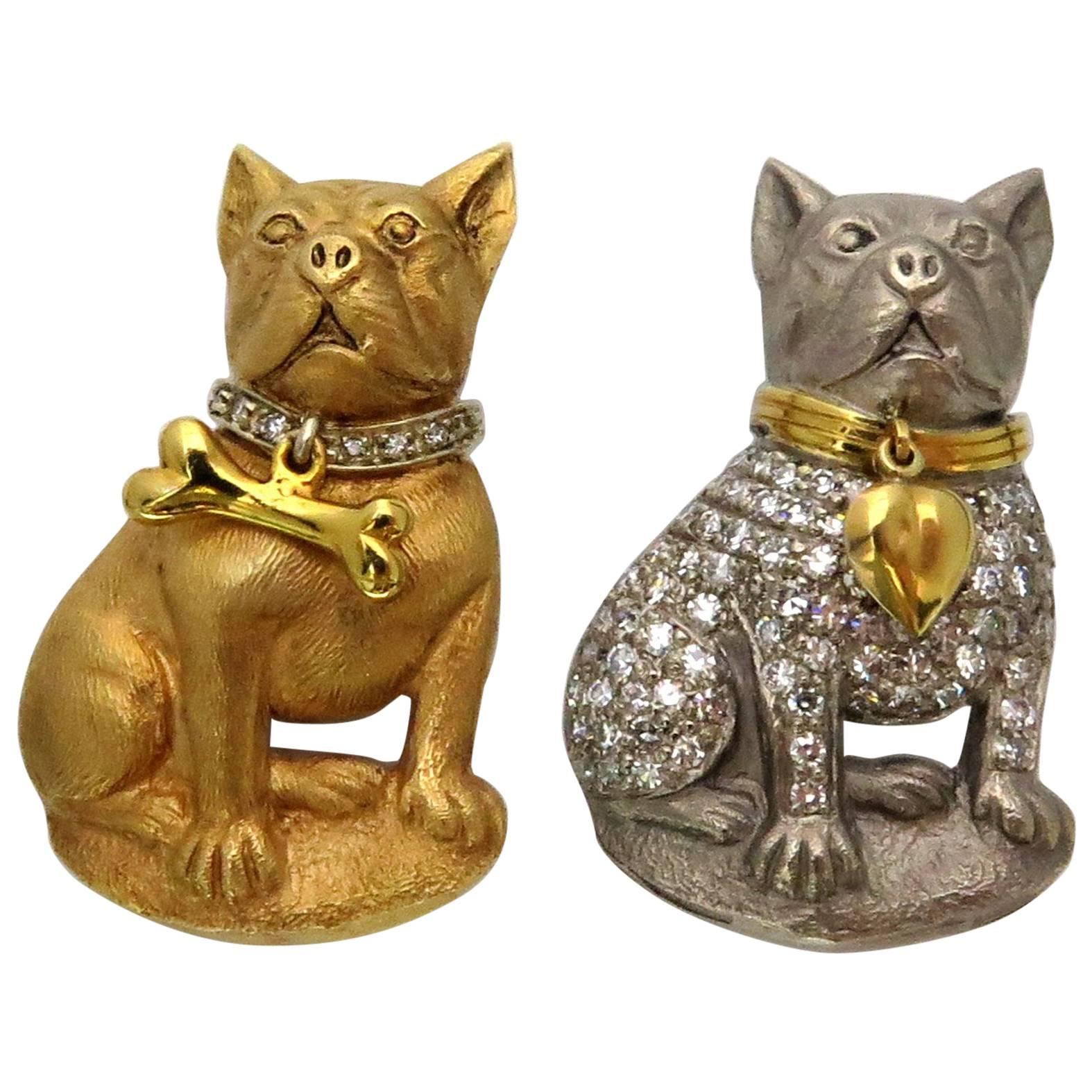Adorable Pair of Yellow and White Gold Diamond French Bulldog Moveable Pins For Sale