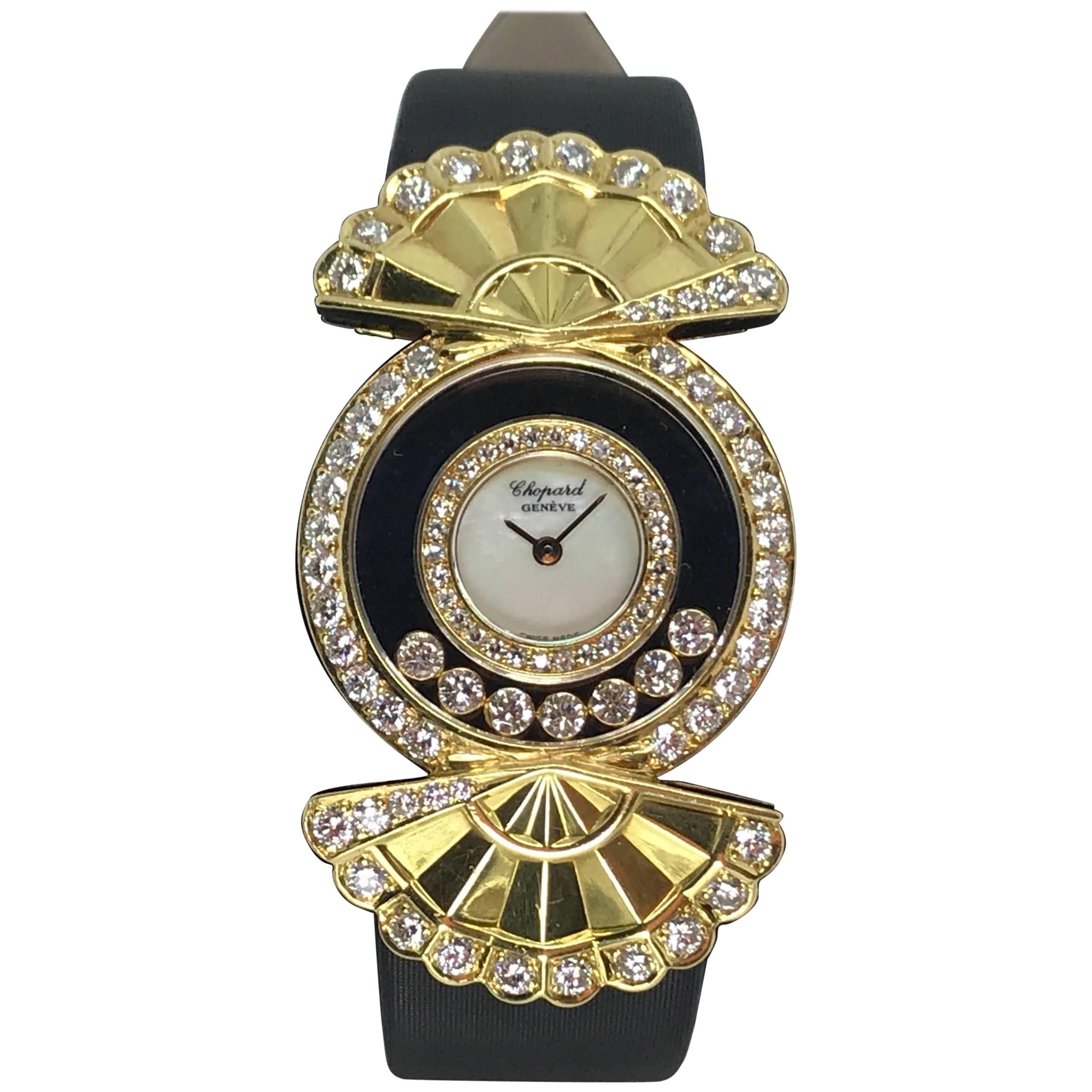 Chopard yellow gold diamond mother of pearl dial Happy Diamond quartz Wristwatch