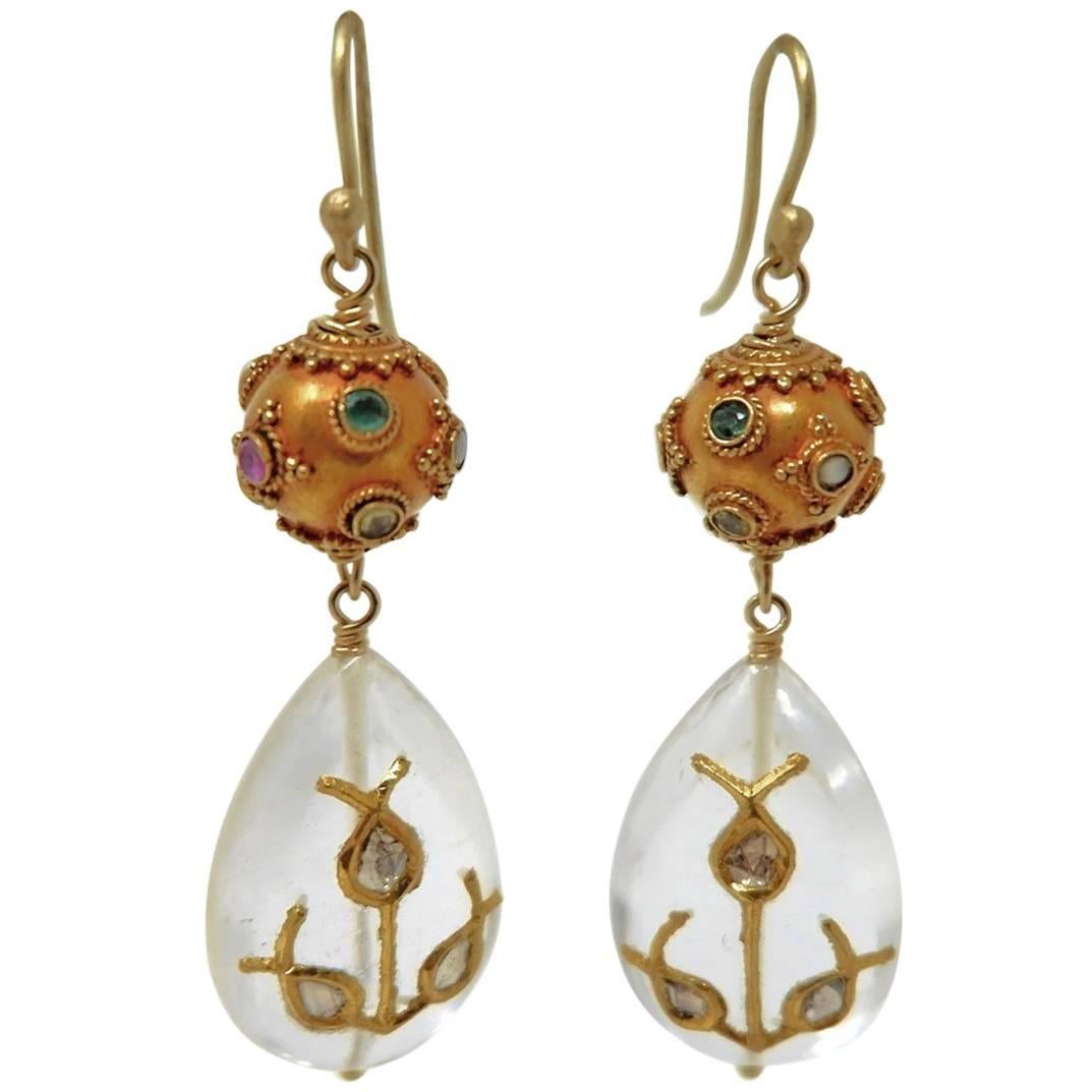 Dancing Apsara Diamond, Yellow Gold and Precious Stone Drop Bead Earrings