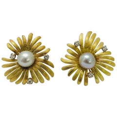 Shari Dolenger 18 Karat Starburst, Diamond and Baroque Pearl Earrings, 1995