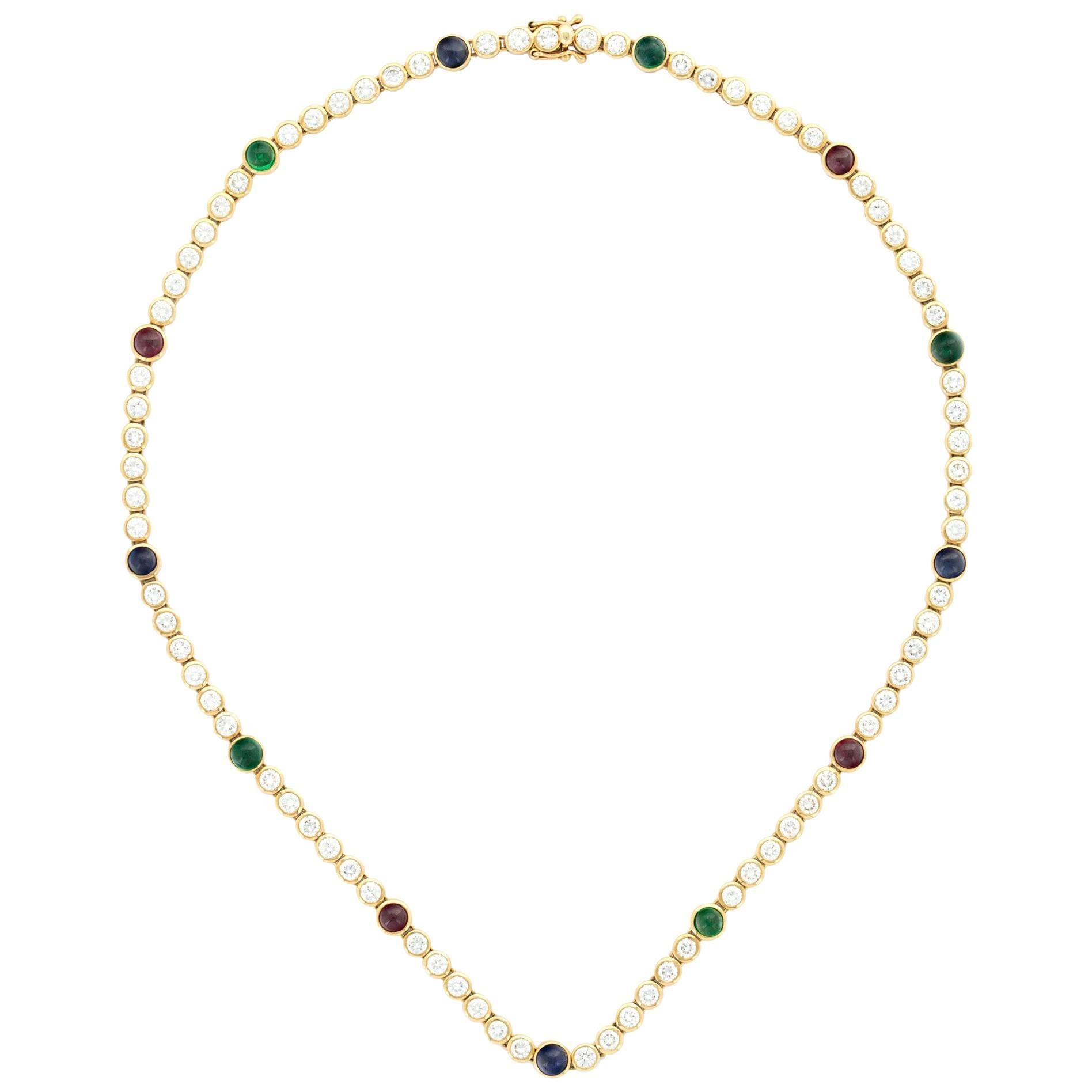 18 Karat Yellow Gold Diamond, Ruby, Sapphire and Emerald Necklace by Graff