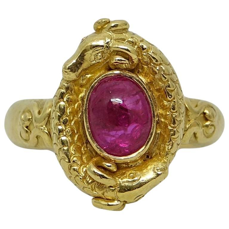 1.50 Carat Cabochon Ruby Yellow Gold Ring For Sale