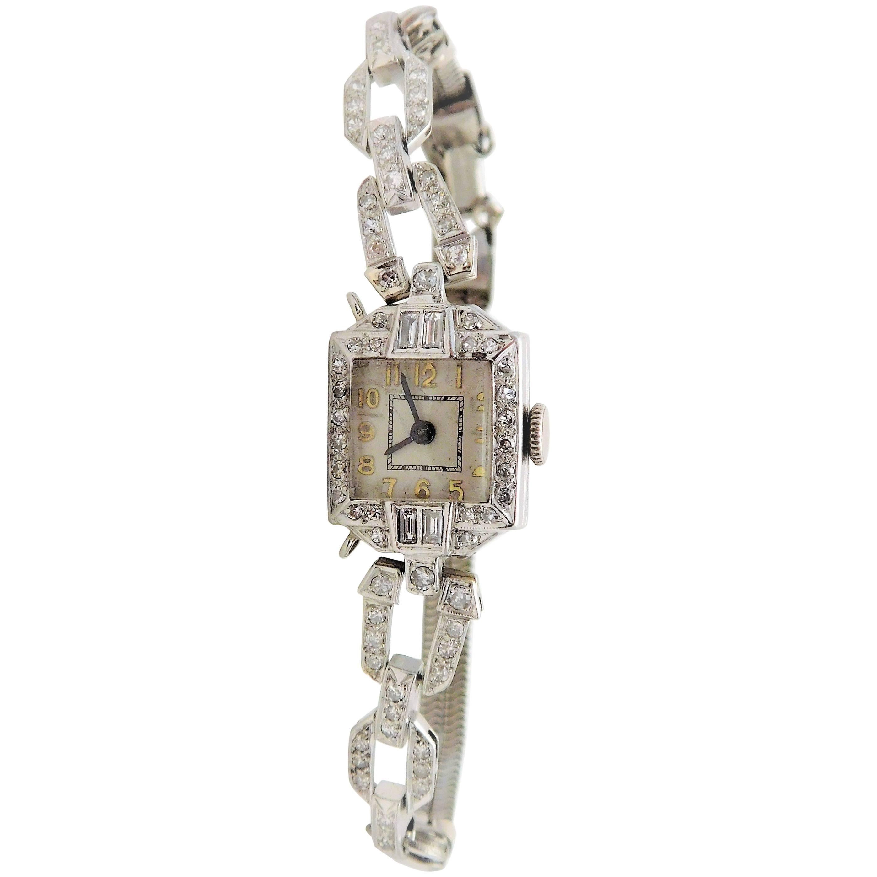 S. Kocher Ladies platinum Diamond Art Deco manual Wristwatch For Sale