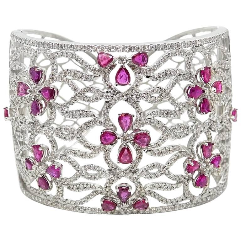 8.08 Carat Pear Shaped Ruby and Diamond Cuff Bangle For Sale
