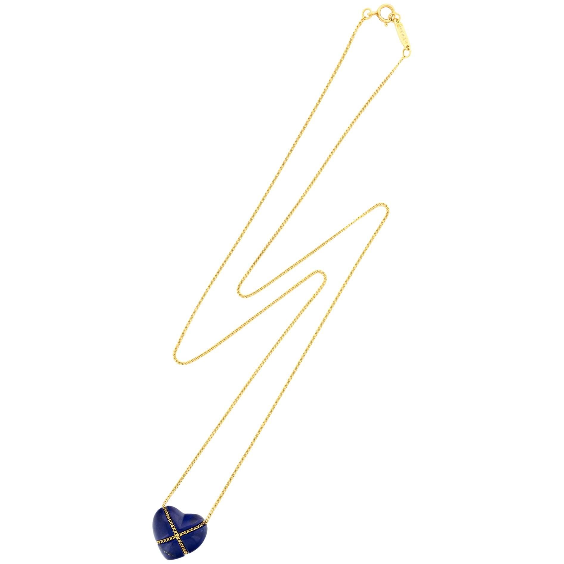 Tiffany & Co. 18 Karat Yellow Gold Lapis Lazuli Heart Necklace For Sale
