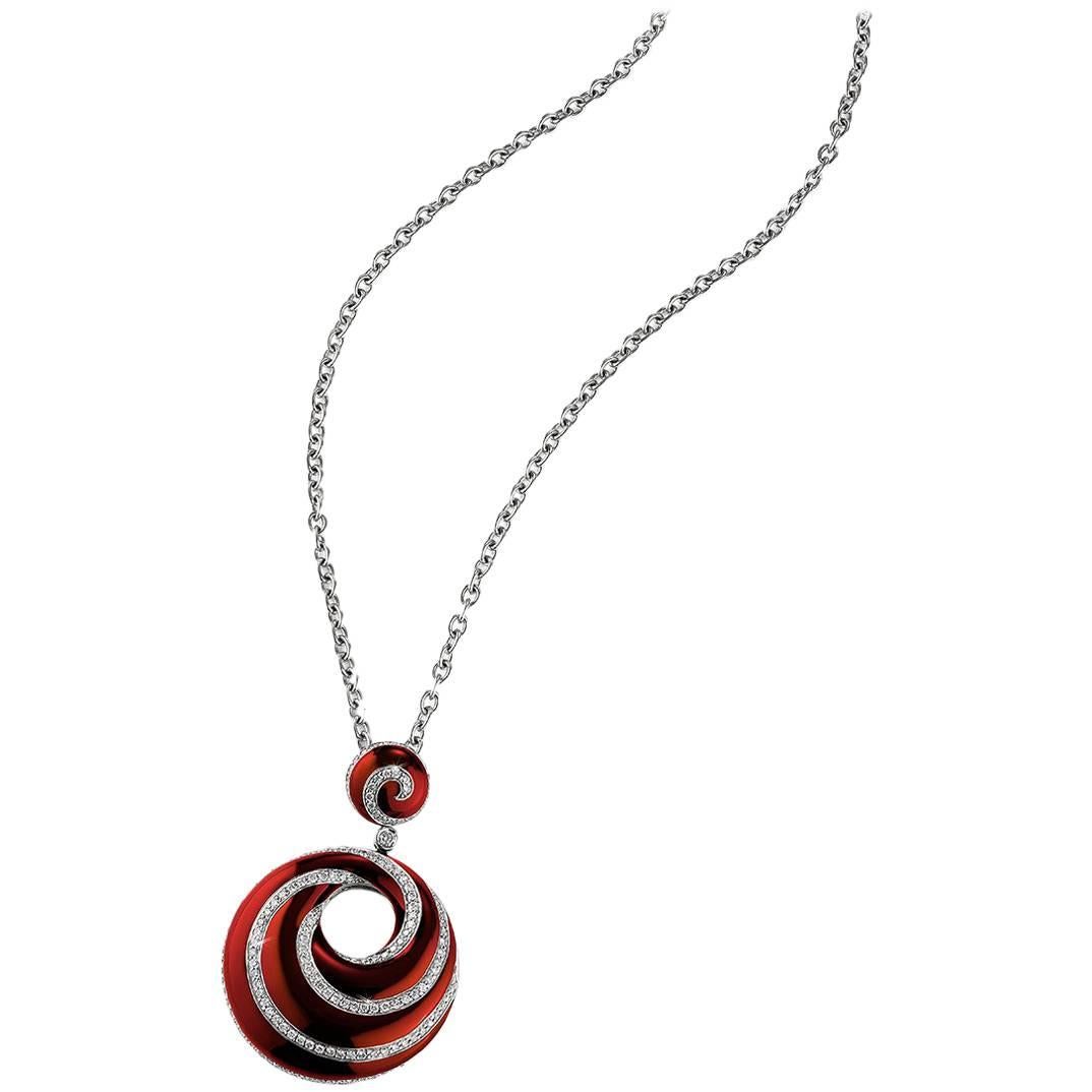Itallian Design Sterling Silver Red Enamel and Diamond Necklace