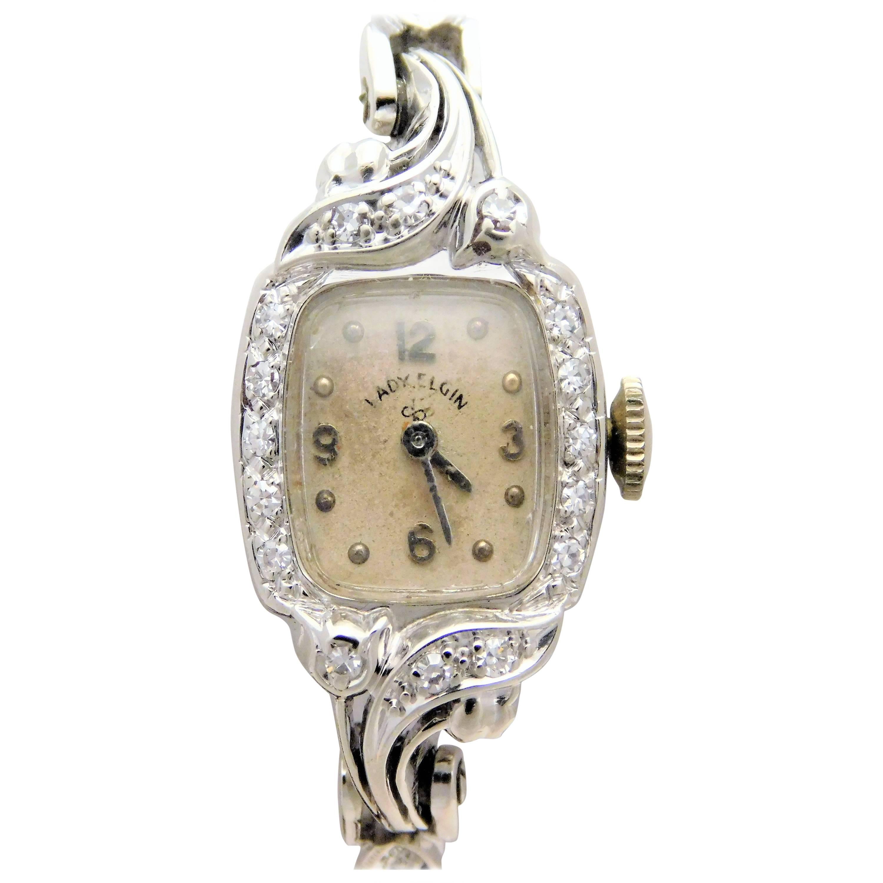 Lady Elgin Ladies White Gold Diamond Art Deco manual Wristwatch For Sale