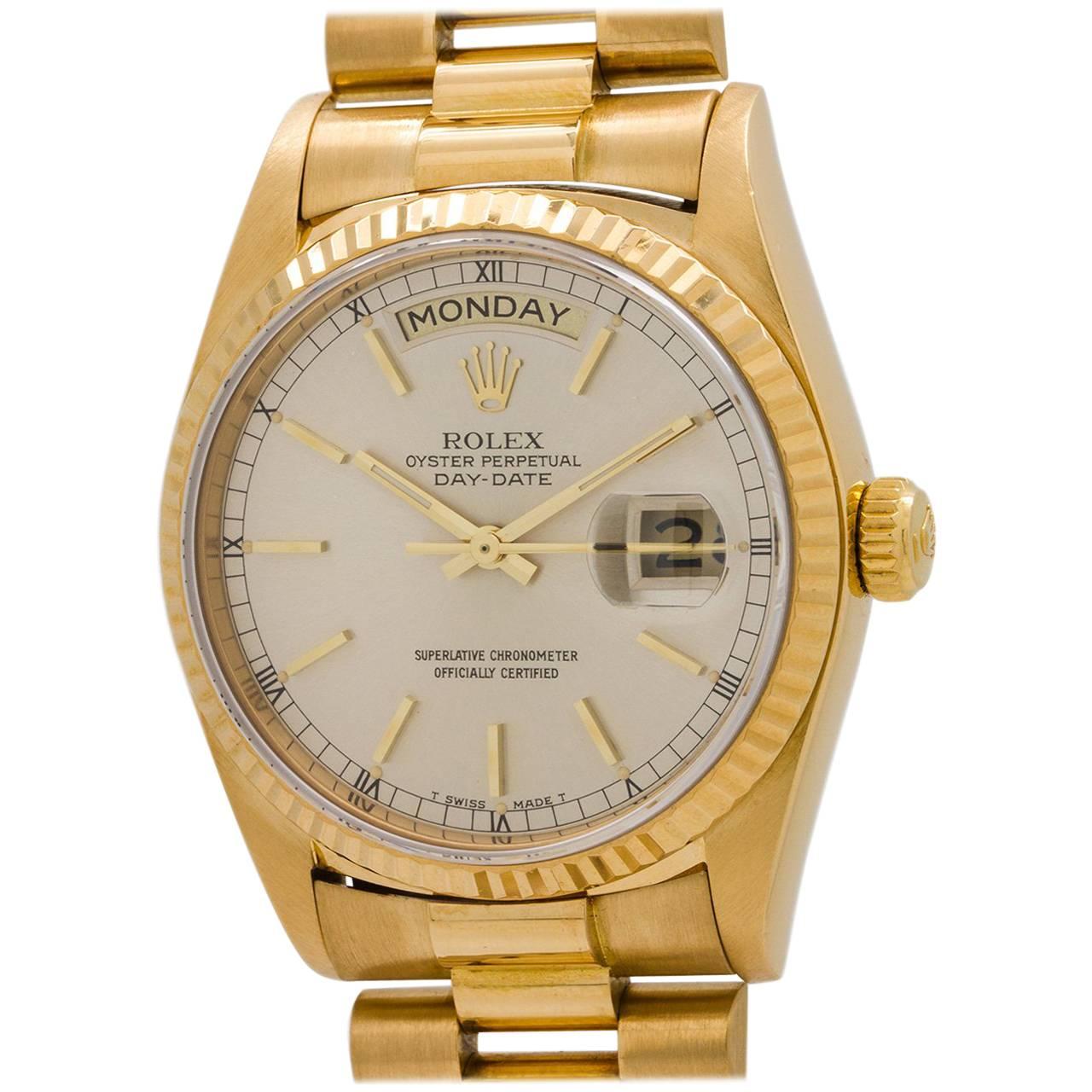 Rolex yellow gold Day Date wristwatch Ref 18038, circa 1986 For Sale