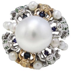 Retro Rose and White Gold Australian Pearls Diamonds Sapphires and Zavorite Frog Ring 