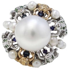 Rose and White Gold Australian Pearls Diamonds Sapphires and Zavorite Frog Ring