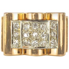 French 1950s Tank Diamond 18 Carat Yellow Gold Retro Ring