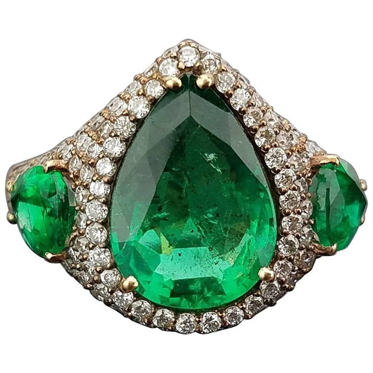 Bague Cocktail Diamants Et émeraude 8,08 Ct – Or Rose 14k, Taille 54, Mariage/fête