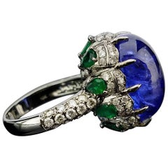 Modern Tanzanite Emerald and Diamond Cocktail Ring