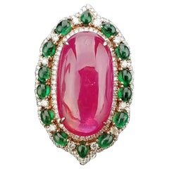 African Ruby with Emerald Cabochon and Diamond Cocktail Ring on Rose Gold Band