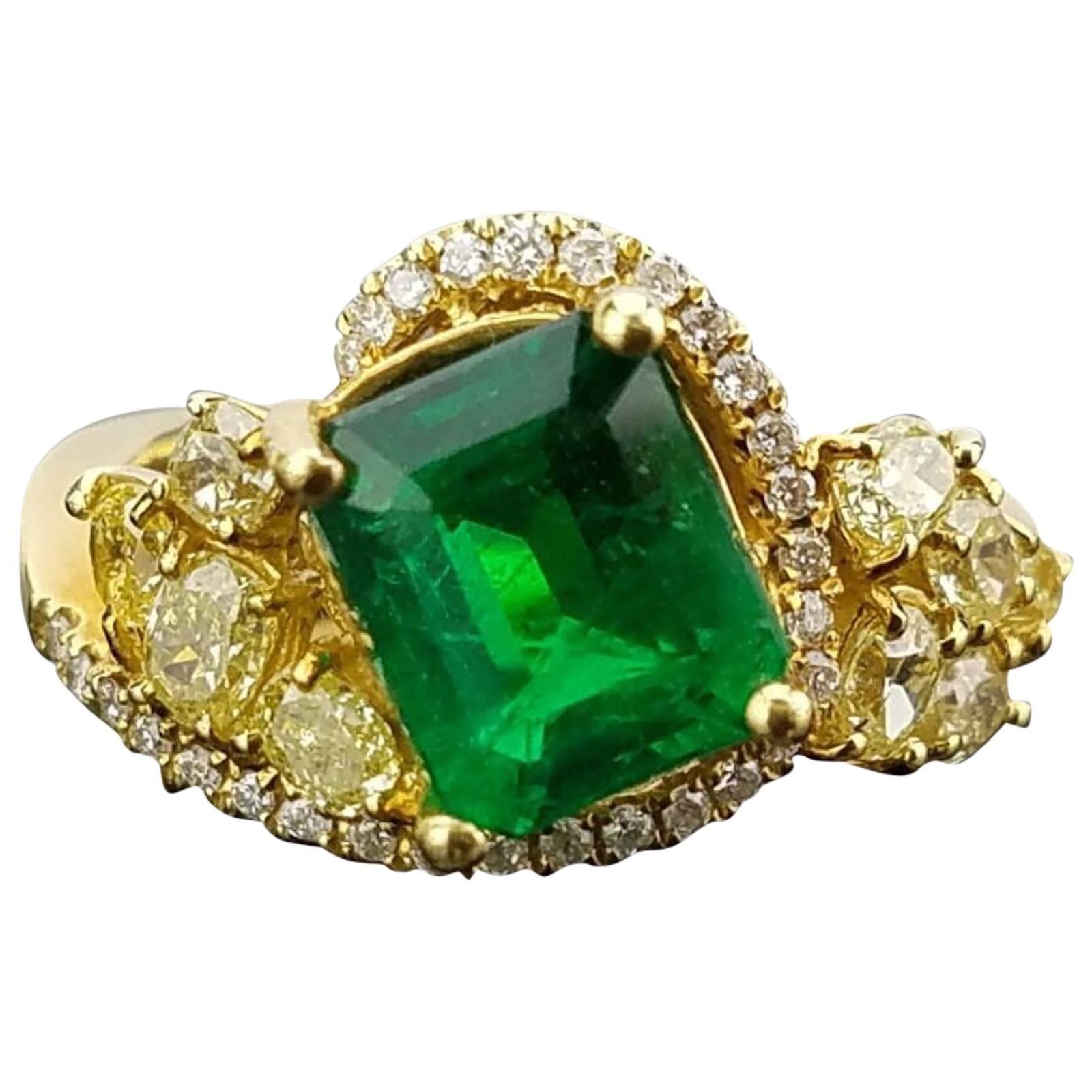 Zambian Emerald and Colored Diamond Cocktail Ring For Sale