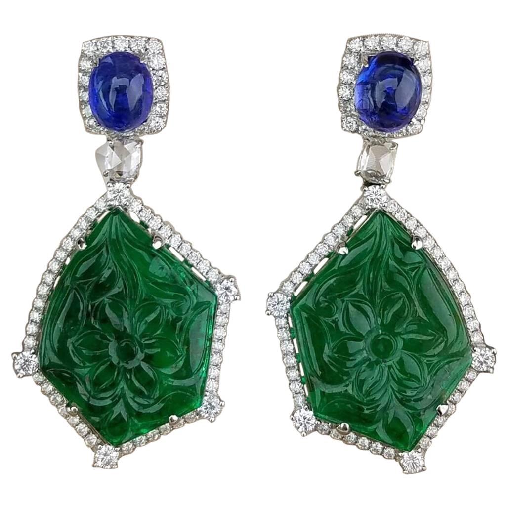 Carved Emerald Tanzanite Diamond Drop Earrings
