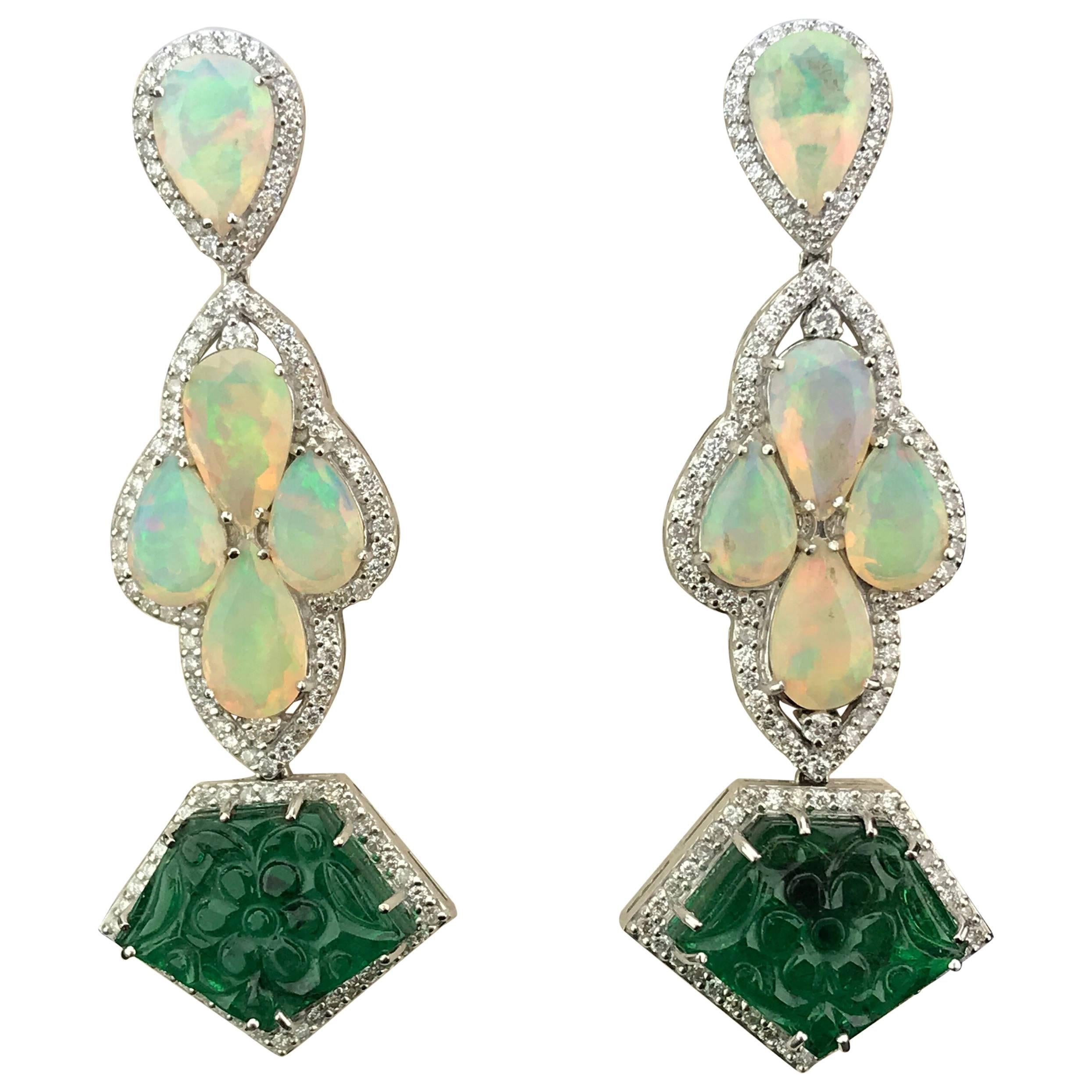 Dangling Earring with Pear Shape Opal, Carved Emerald and Diamond