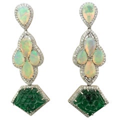 Dangling Earring with Pear Shape Opal, Carved Emerald and Diamond