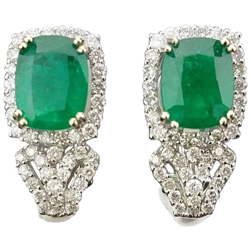 4.07 Carat Emerald and Diamond Stud Earring