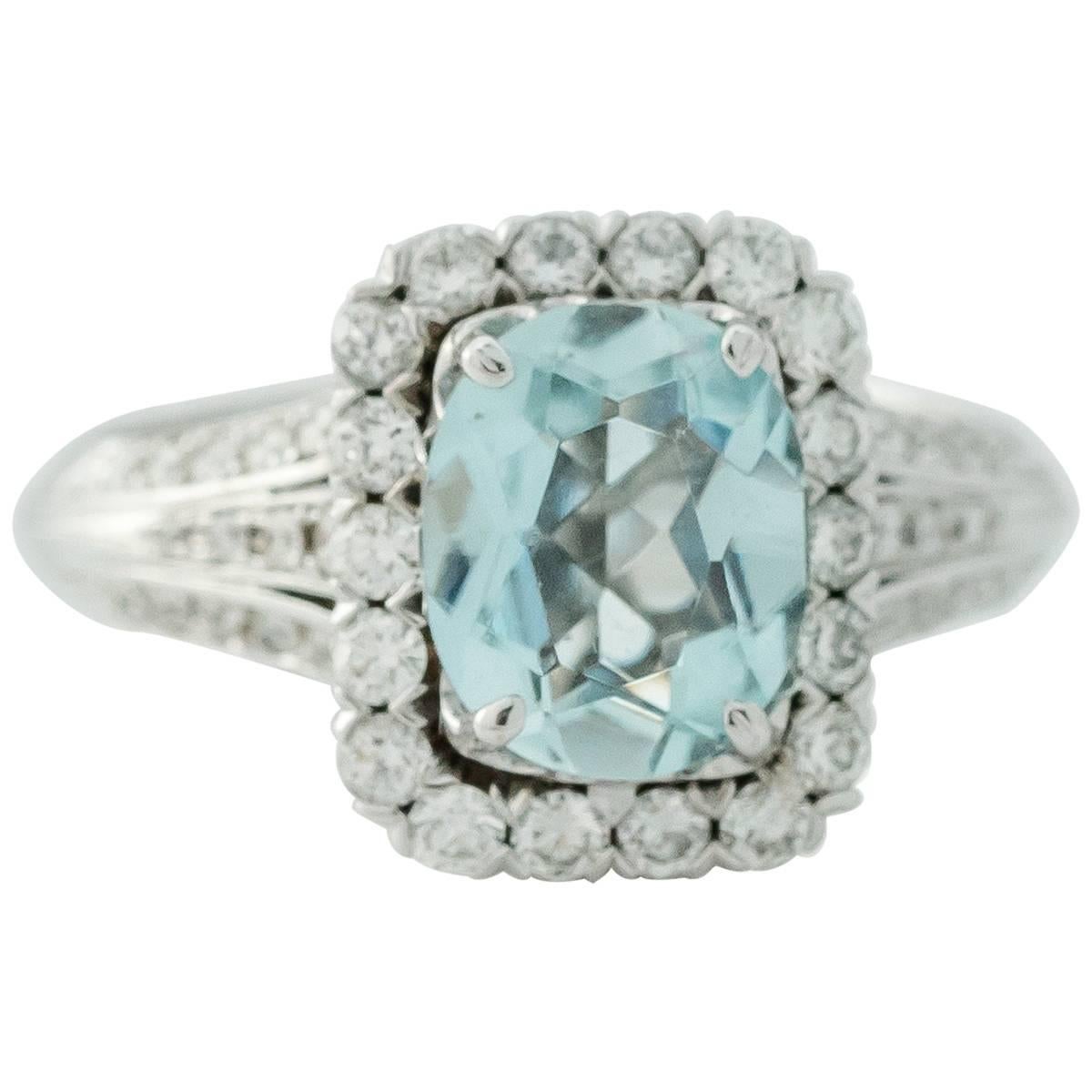 1990s 3 Carat Aquamarine with Diamond Halo and 14K Gold Ring For Sale