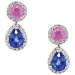Pink Sapphire, Blue Sapphire and Diamond Dangle Earrings