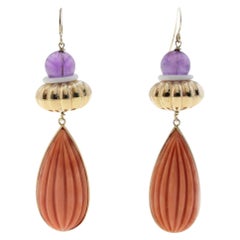 Amethysts , Engraved Red Coral Drops, White Agate Rings, 18K Rose Gold Earrings